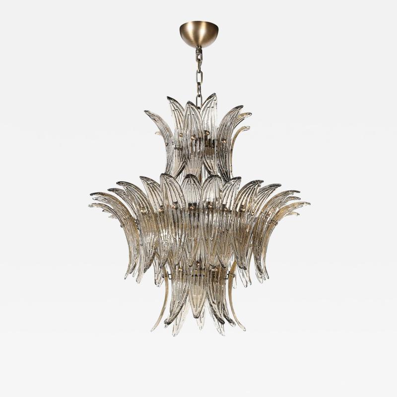 Modernist 3 Tier Palma Hand Blown Smoked Murano Glass Bronze Chandelier