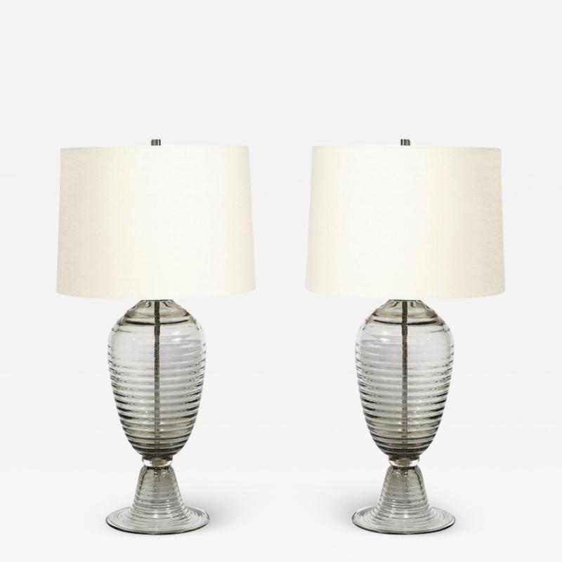 Modernist Art Deco Style Hive Form Hand Blown Murano Smoked Glass Table Lamps