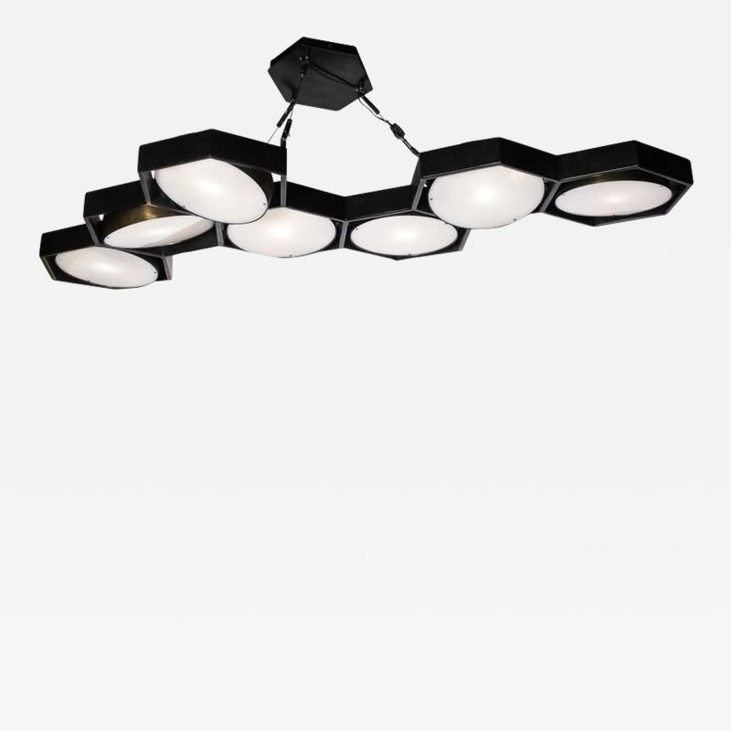 Modernist Articulating Seven Shade Honey Comb Chandelier in Brass Black Enamel