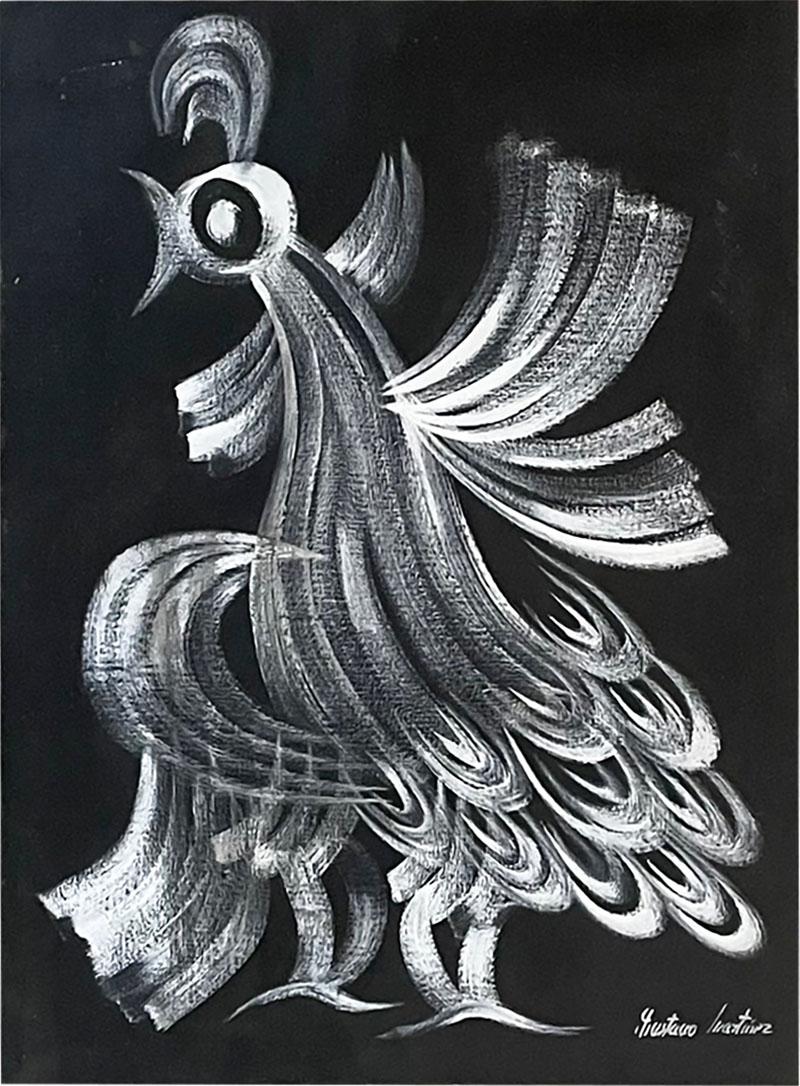 Modernist Artist Gustavo Martinez Fancy ROOSTER Oil Painting 1970s Mexico