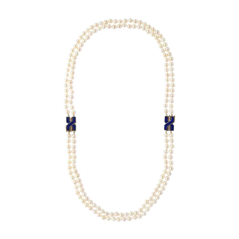 Modernist Bold Double Strand pearl Necklace with Lapis Gold And Diamond Clasps