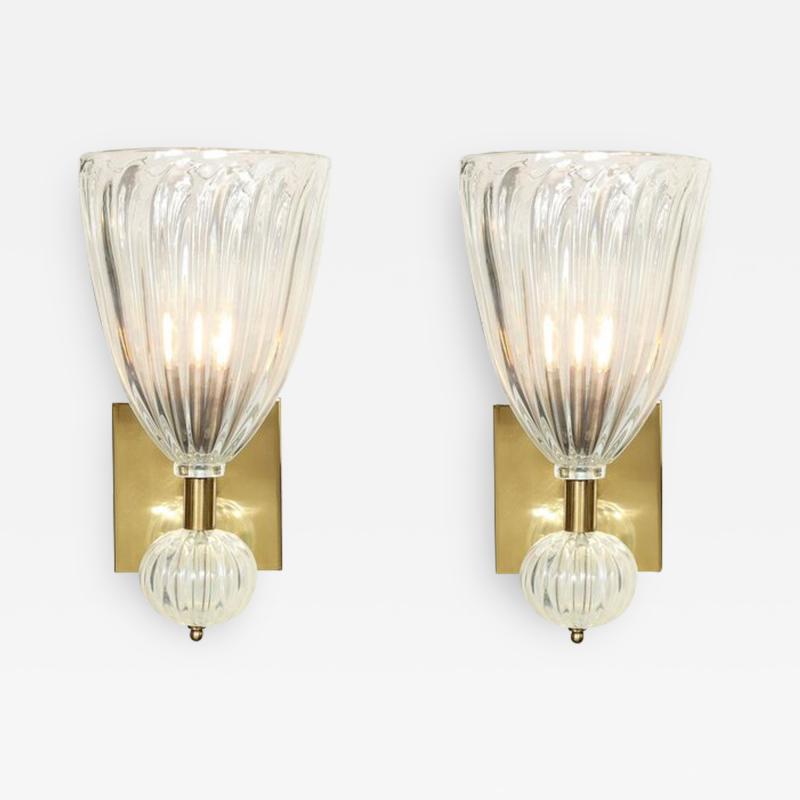 Modernist Brass Handblown Iridescent Murano Glass Sconces w Orbital Drop