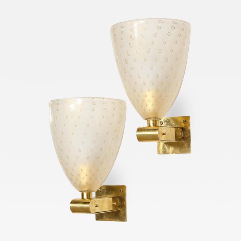 Modernist Brass Sconces with Hand Blown Murano 24 Karat Gold Glass with Murines