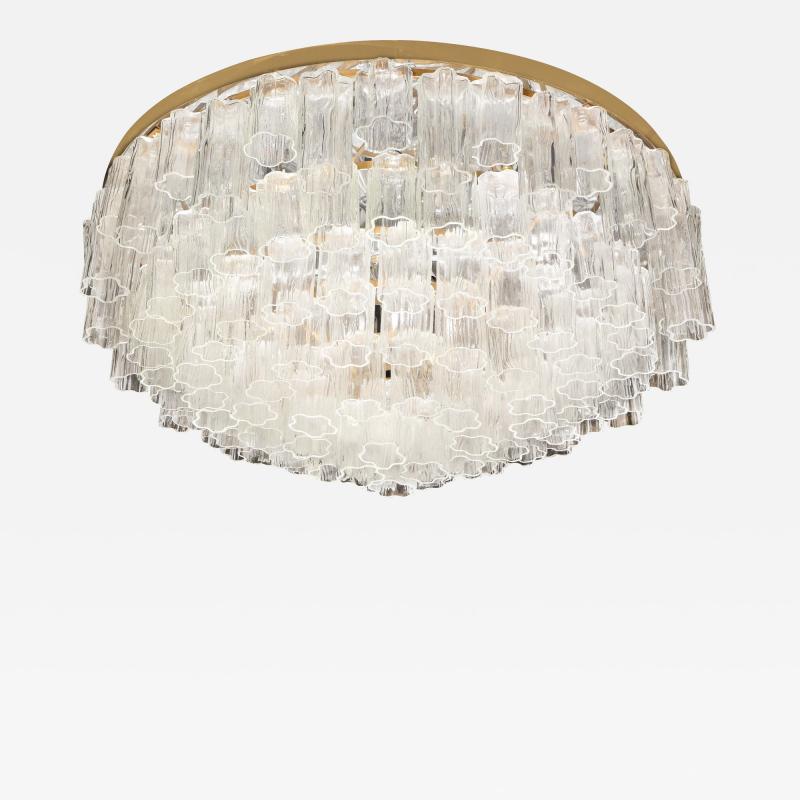 Modernist Brass Six Tier Translucent Murano Tronchi Glass Flushmount Chandelier