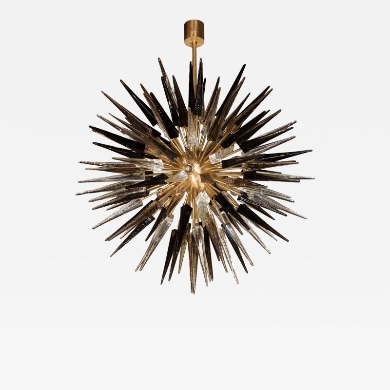 Modernist Brass Starburst Chandelier w Clear Smoked Graphite Glass Obelisks