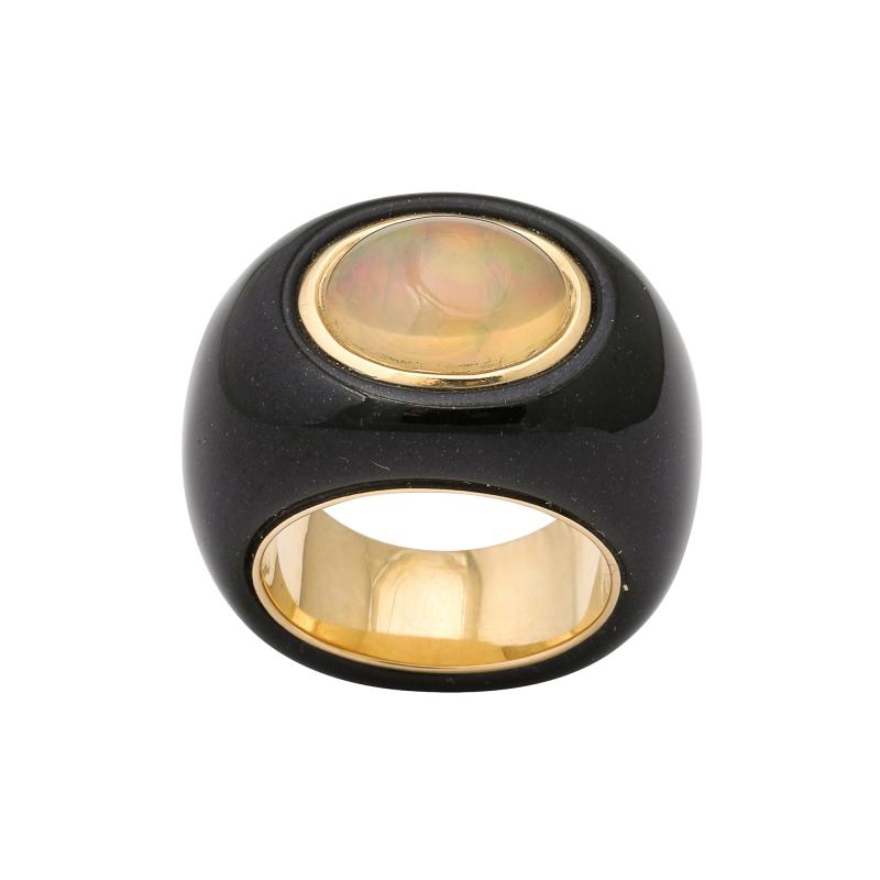 Modernist Cabochon Opal 14k Yellow Gold Black Enameled Dome Ring