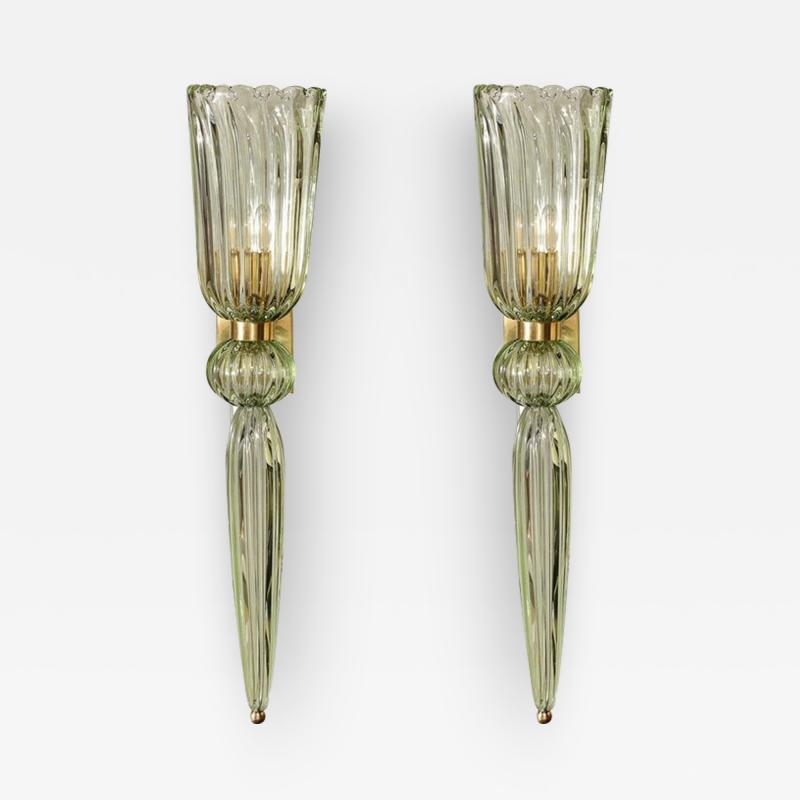 Modernist Celadon Hand Blown Murano Glass Brass Sconces with Elongated Drop
