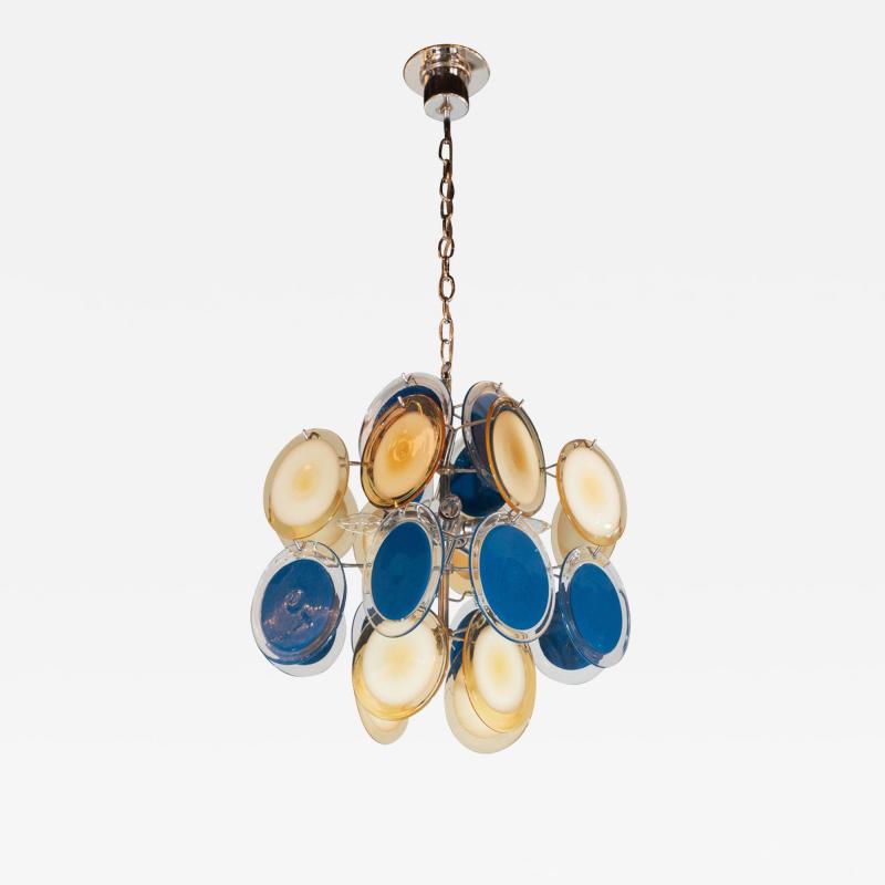 Modernist Chrome Chandelier in Handblown Murano Cerulean Yellow Vistosi Discs