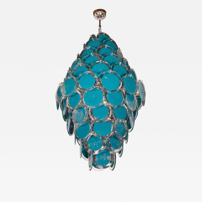 Modernist Chrome Murano Chandelier with Cerulean Blue and Clear Discs