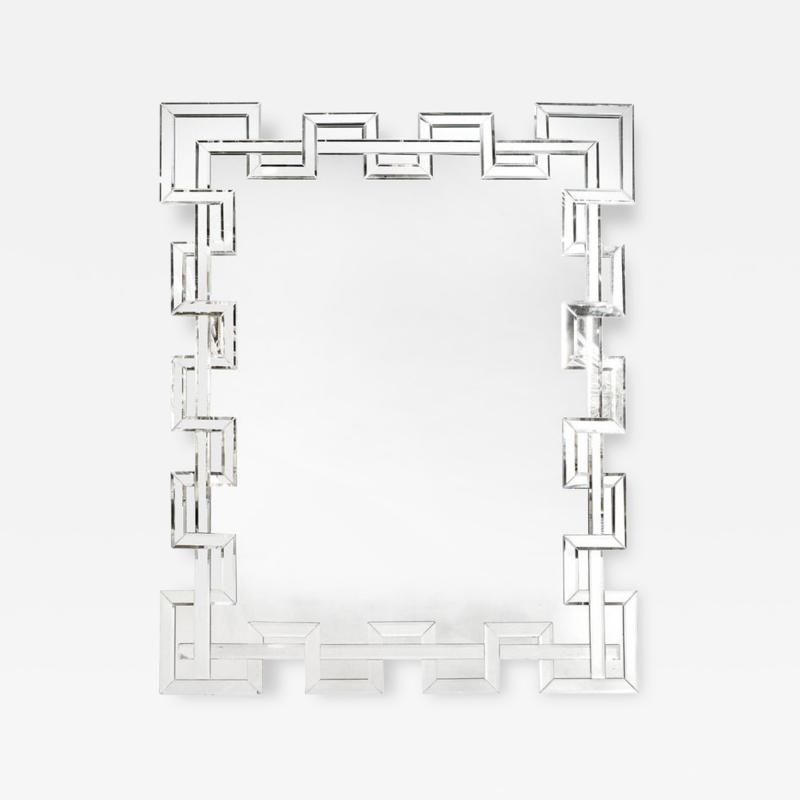 Modernist Crenellated Mirror W Interlaced Geometric Antiqued Beveled Detail