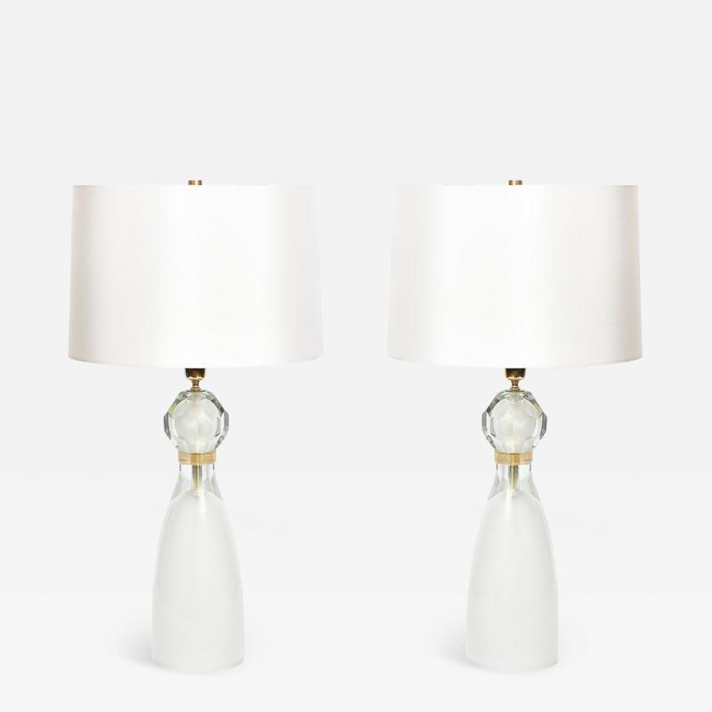 Modernist Faceted Mist Gray 24k Gold Murano Glass Hourglass Form Table Lamps