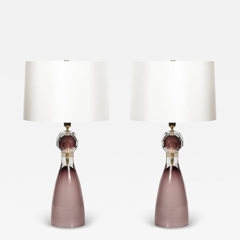 Modernist Faceted Smoked Amethyst Murano Glass Hourglass Form Table Lamps