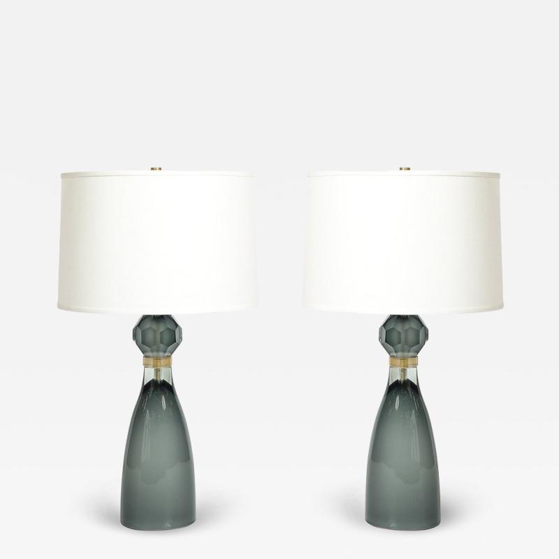Modernist Faceted Smoked Graphite Murano Glass Hourglass Form Table Lamps