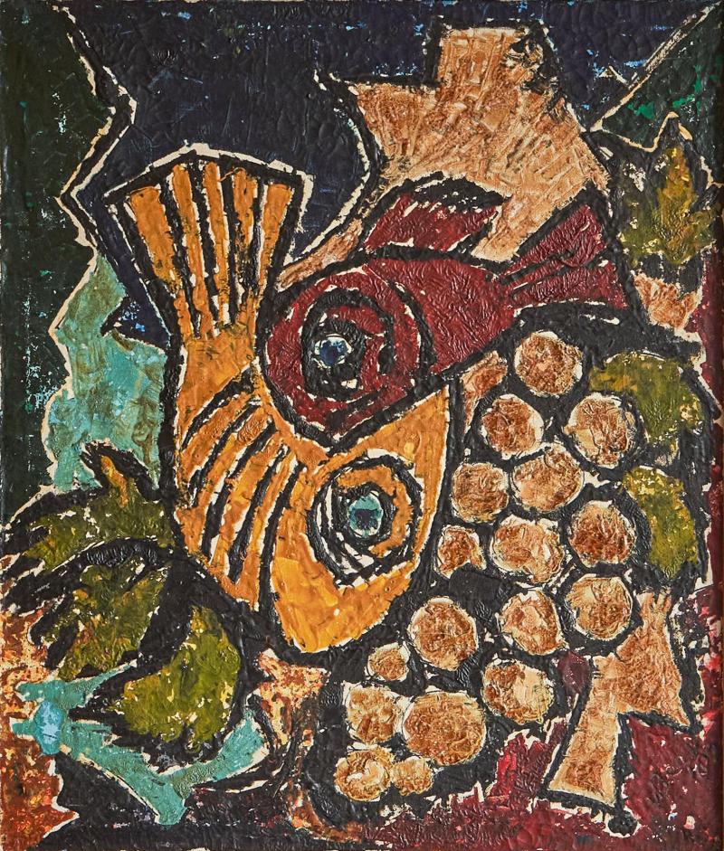 Modernist Fishes Oil on Canvas 1970s