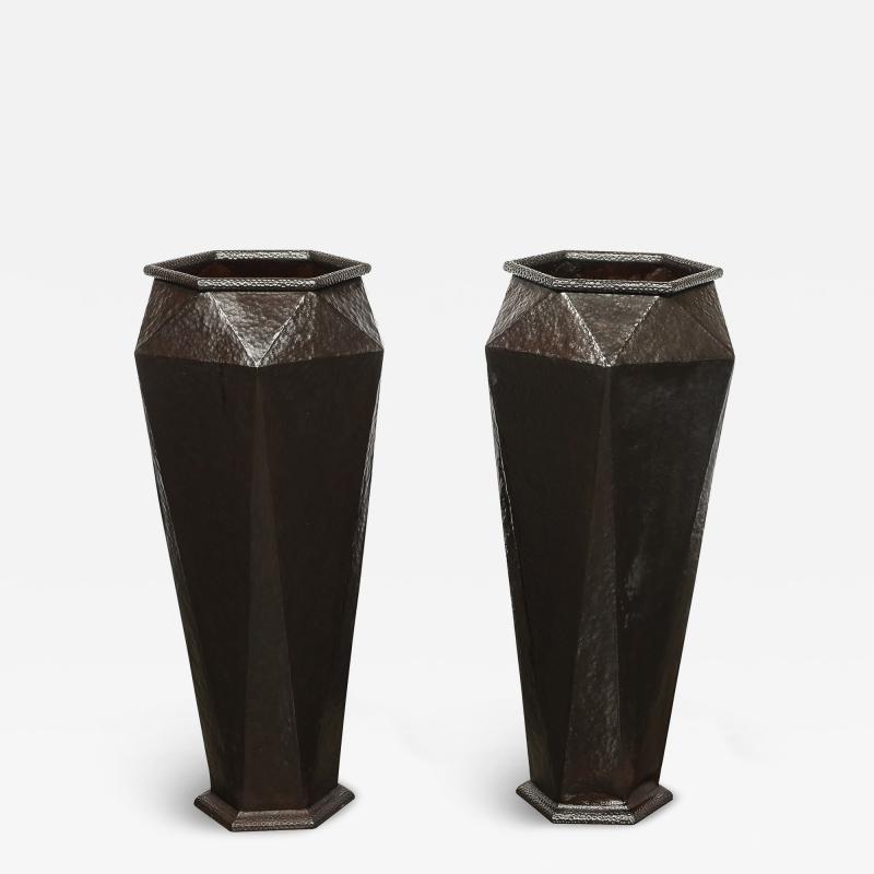Modernist Geometric Faceted Hand Hammered Wrought Iron Vases in Bronze Finish