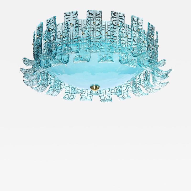 Modernist Hand Blown Aquamarine Murano Glass Chandelier with Frosted Diffuser