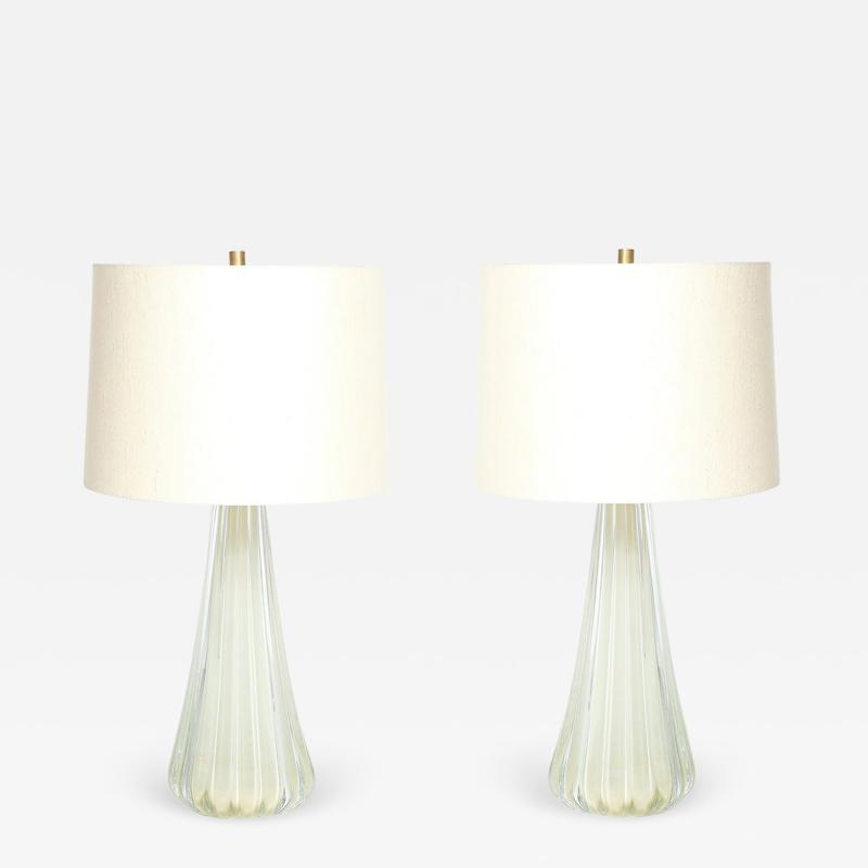 Modernist Hand Blown Fluted Oyster Murano Glass Brass Table Lamps