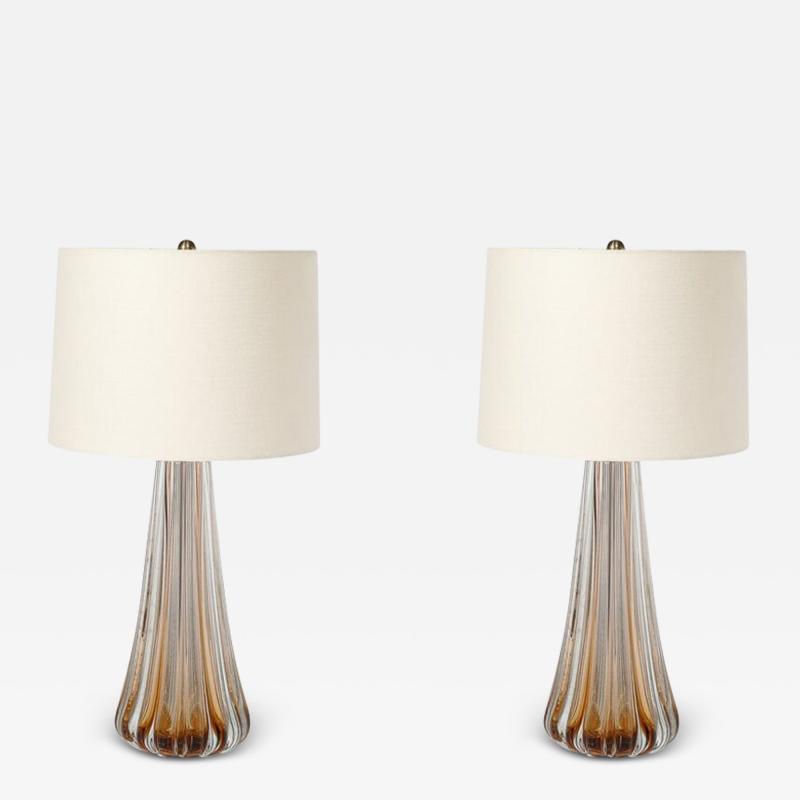 Modernist Hand Blown Fluted Smoked Amber Murano Glass Brass Table Lamps