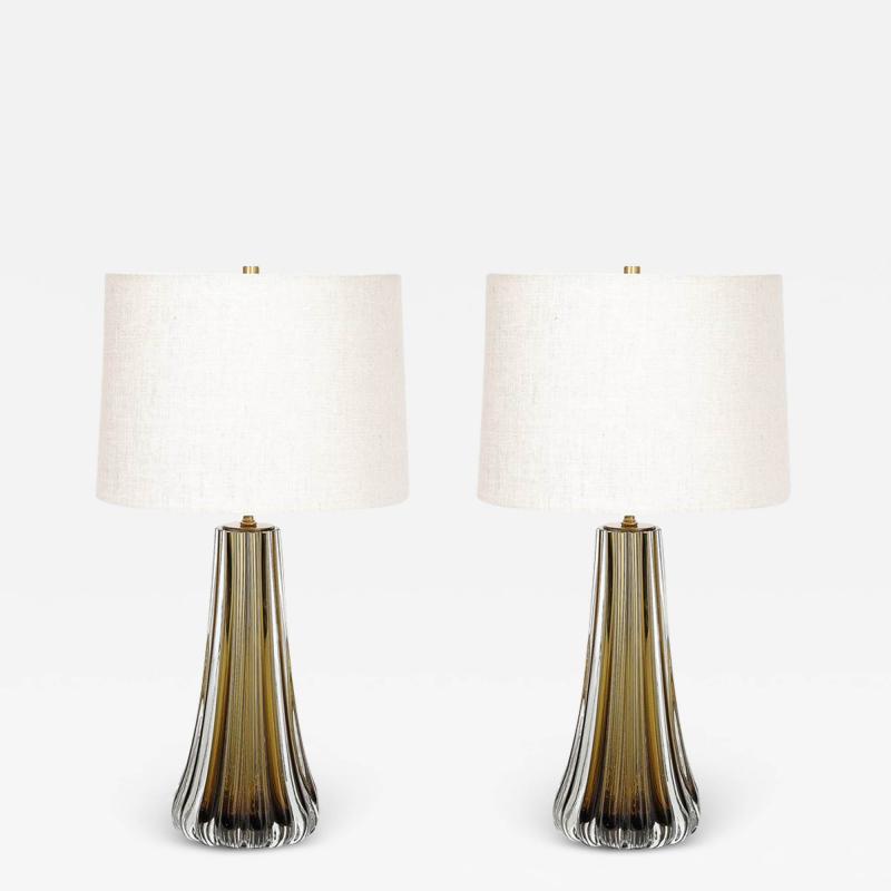 Modernist Hand Blown Fluted Smoked Topaz Murano Glass Brass Table Lamps