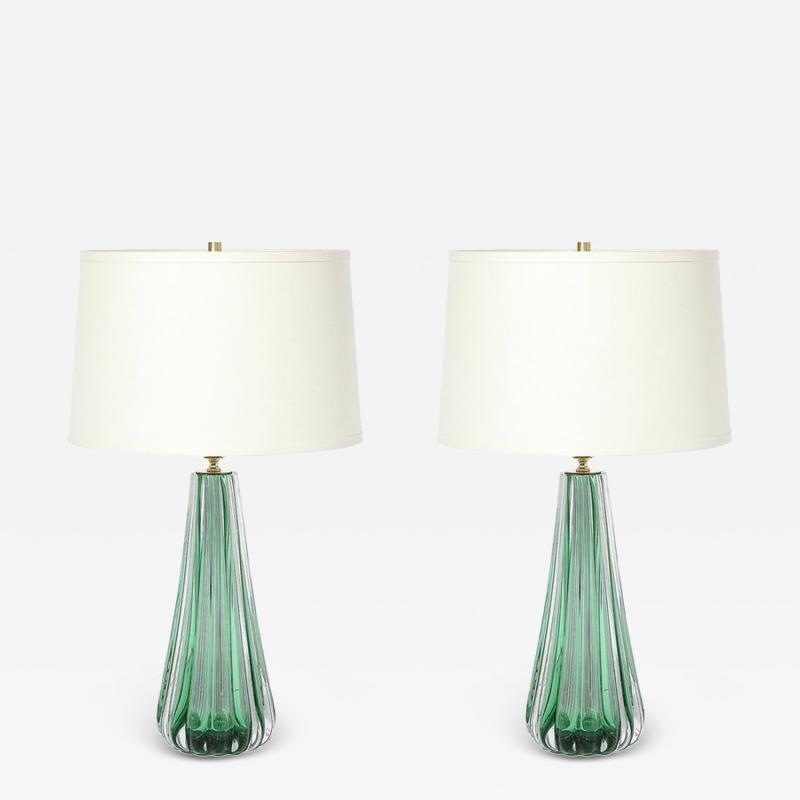 Modernist Hand Blown Fluted Translucent Sea Green Hue Murano Glass Table Lamps