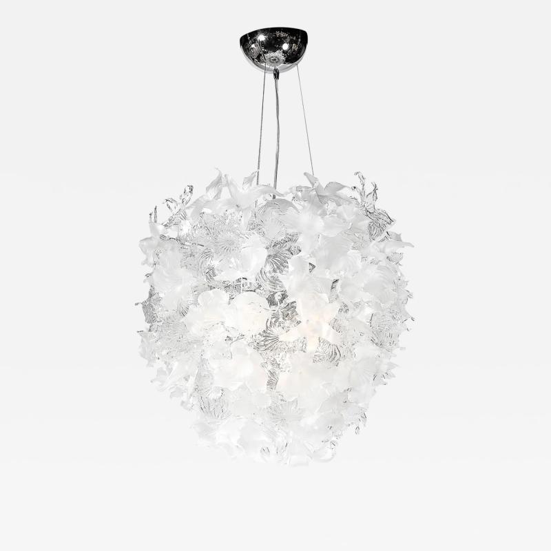 Modernist Hand Blown Frosted Clear Murano Glass Ethereal Bloom Bud Chandelier