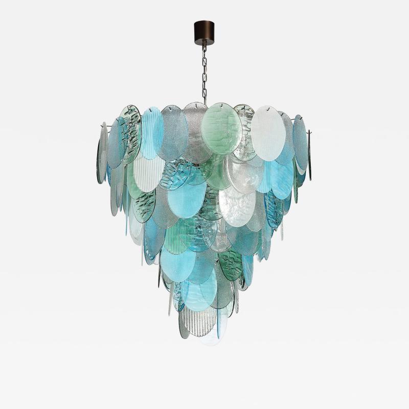 Modernist Hand Blown Murano 7 Tier Textural Disc Chandelier in Mixed Aquamarine