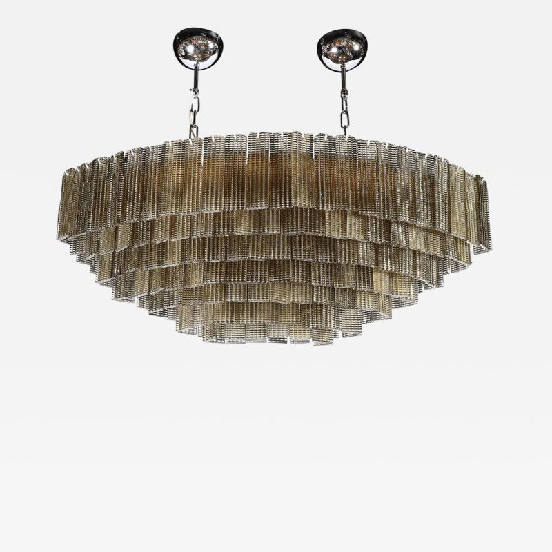 Modernist Hand Blown Murano Glass 6 Tier Oblong Reeded Paneled Glass Chandelier