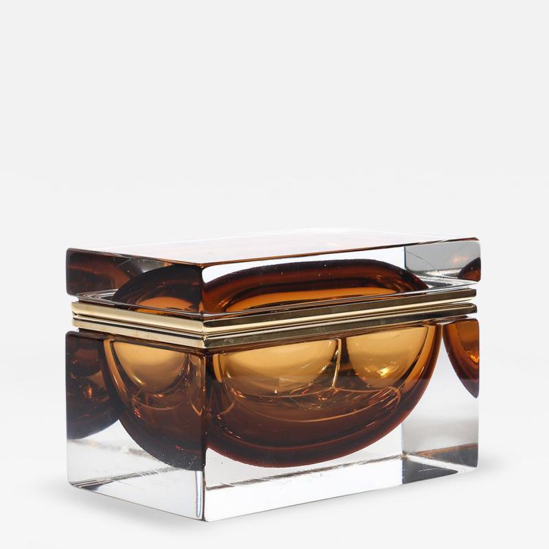 Modernist Hand Blown Murano Glass Box in Tobacco W Polished Brass Fittings