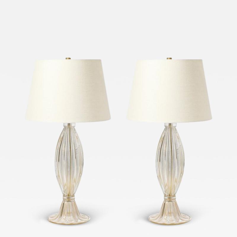 Modernist Hand Blown Murano Glass Fluted Table Lamps W 24K Gold Fleck Detailing