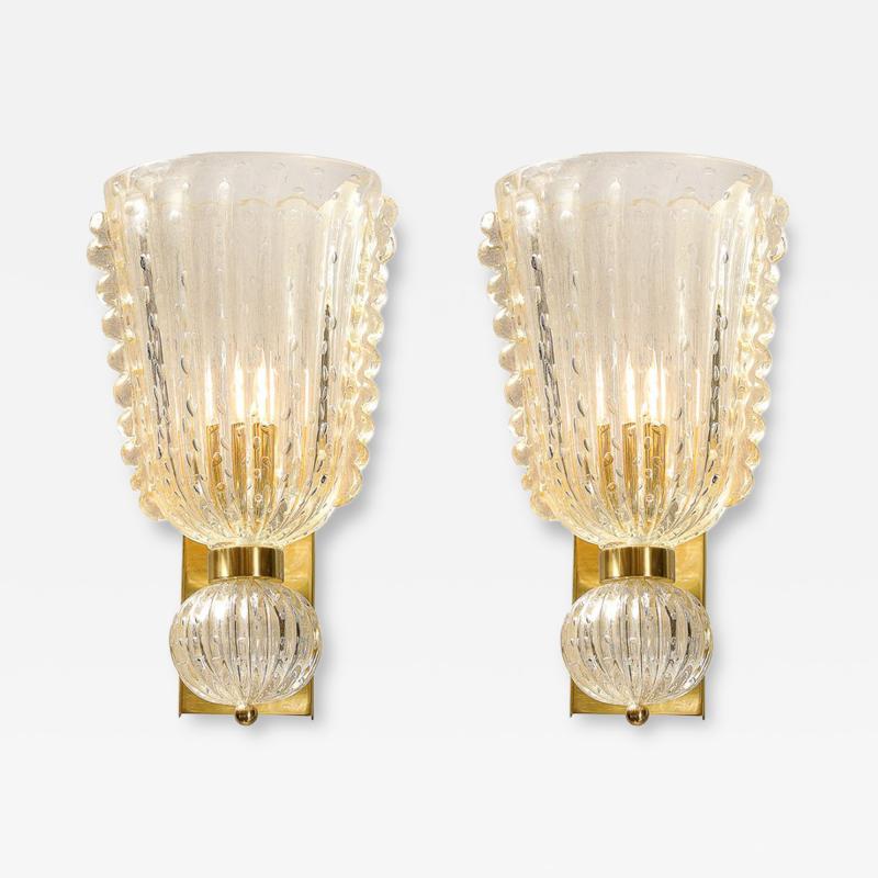 Modernist Hand Blown Murano Glass Sconces W Ruffled Detailing 24K Gold Flecks