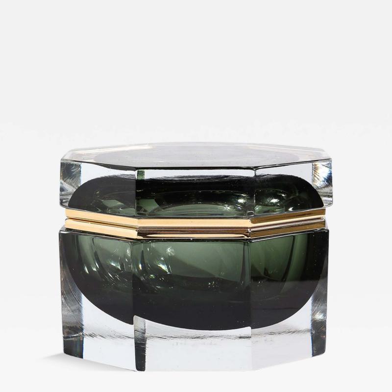 Modernist Hand Blown Murano Octagonal Glass Box in Emerald w Brass Fittings
