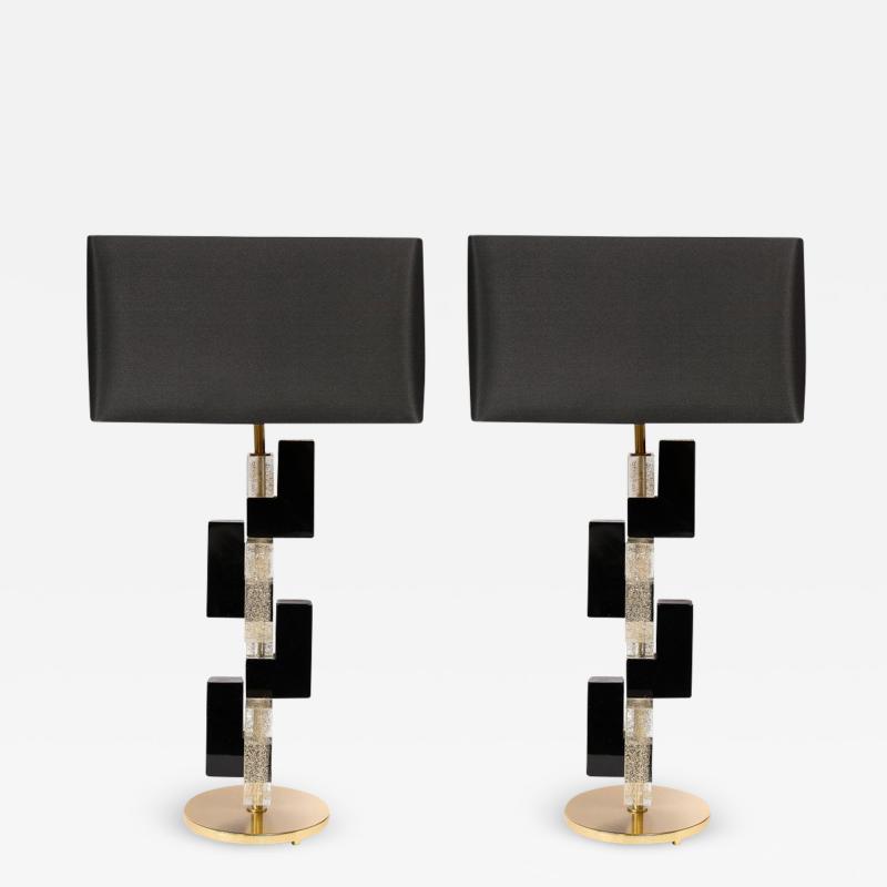 Modernist Hand Blown Murano Rectilinear Table Lamps in Black Translucent Glass