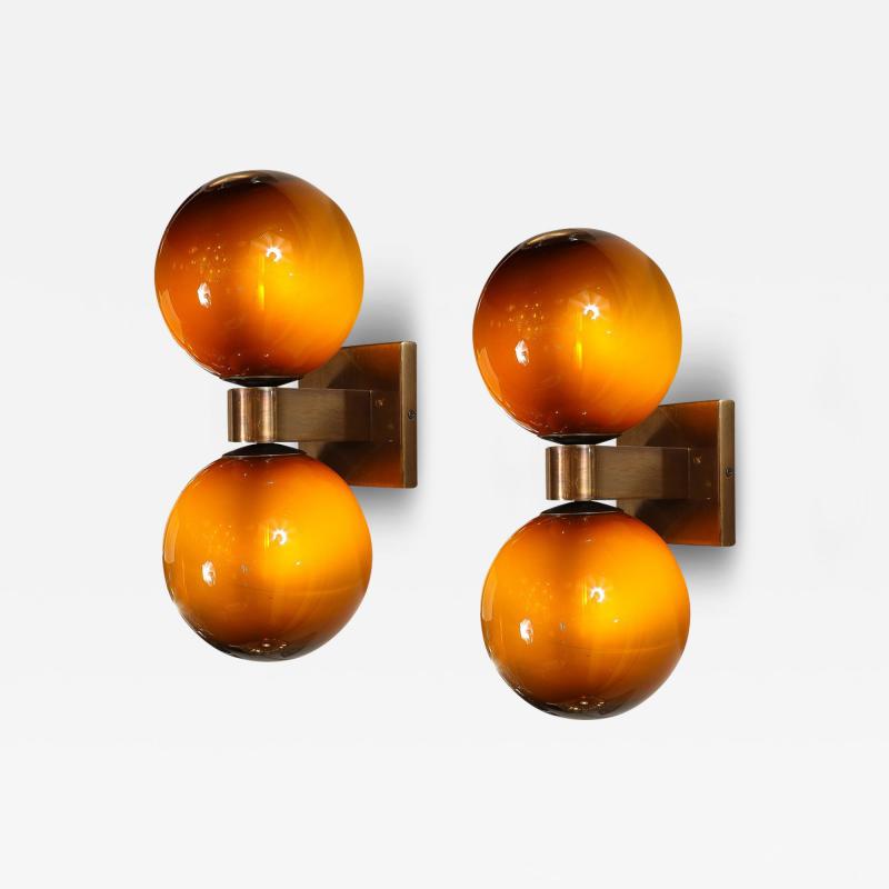 Modernist Hand Blown Murano Smoked Tortoise Glass Double Sphere Bronze Sconces