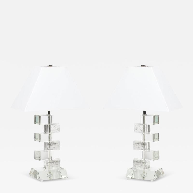 Modernist Hand Blown Murano Stacked Faceted Trapezoidal Glass Table Lamps