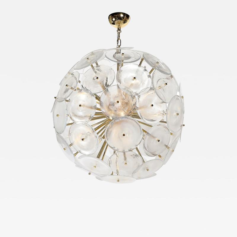 Modernist Hand Blown Opalescent Murano Glass Disk Chandelier w Brass Fittings