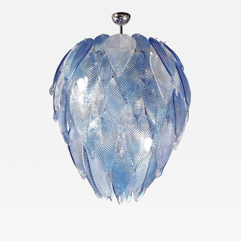 Modernist Hand Blown Reeded Blue Clear Murano Glass Leaf Chandelier w Chrome