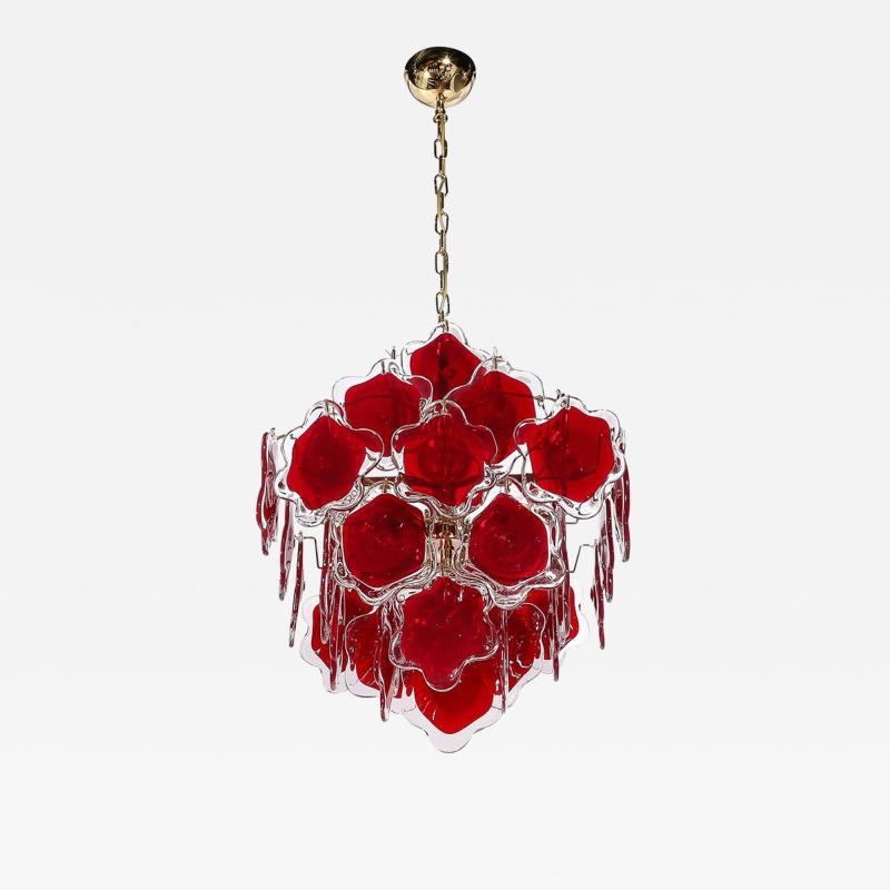 Modernist Hand Blown Ruby Murano Glass Pagoda Form Organic Disc Chandelier