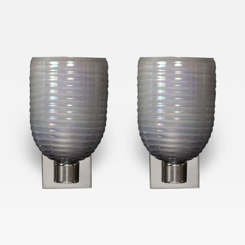 Modernist Hand Blown Smoked Cerulean Hive Murano Glass Nickel Fitted Sconces