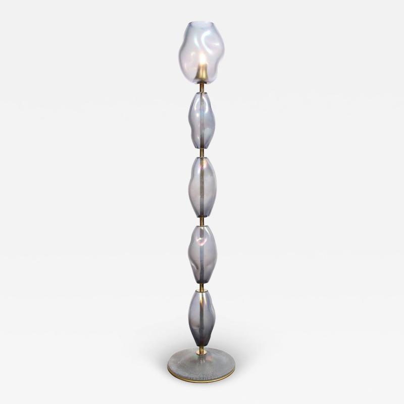 Modernist Hand Blown Smoked Cobalt Murano Glass Brass Torchiere