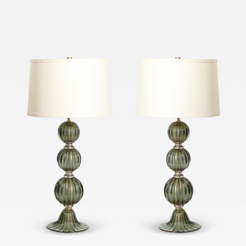 Modernist Hand Blown Smoked Emerald Murano Glass Fluted Stacked Ball Table Lamps