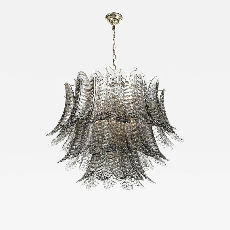 Modernist Hand Blown Smoked Gray Murano Glass 3 Tier Reeded Feather Chandelier