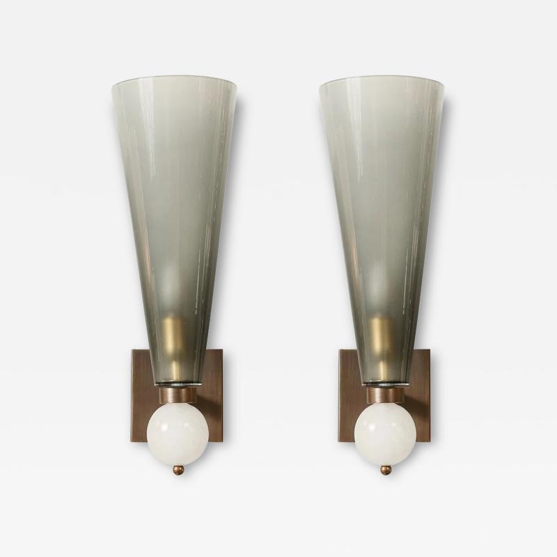 Modernist Hand Blown Smoked Gray Murano Glass Conical Sconces with Orbital Drop