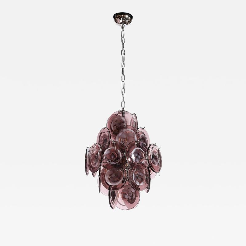 Modernist Hand Blown Smoked Mauve Spotted Murano Glass Five Tier Disc Chandelier