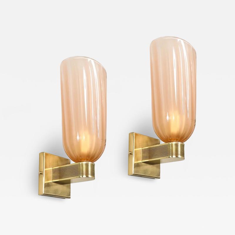Modernist Hand Blown Smoked Rose Murano Fluted Glass Sconces with Brass Fittings