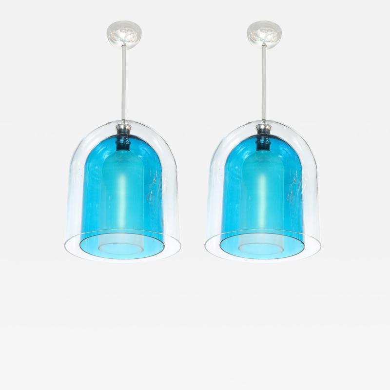 Modernist Handblown Murano Glass 3 Tier Mixed Blue Dome Form Pendant Chandeliers