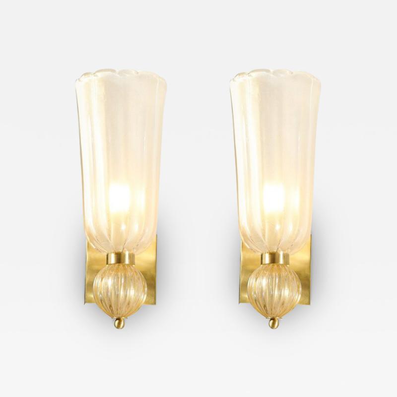 Modernist Handblown Murano Glass Elongated Tulip Sconces w 24 kt Gold Flecks