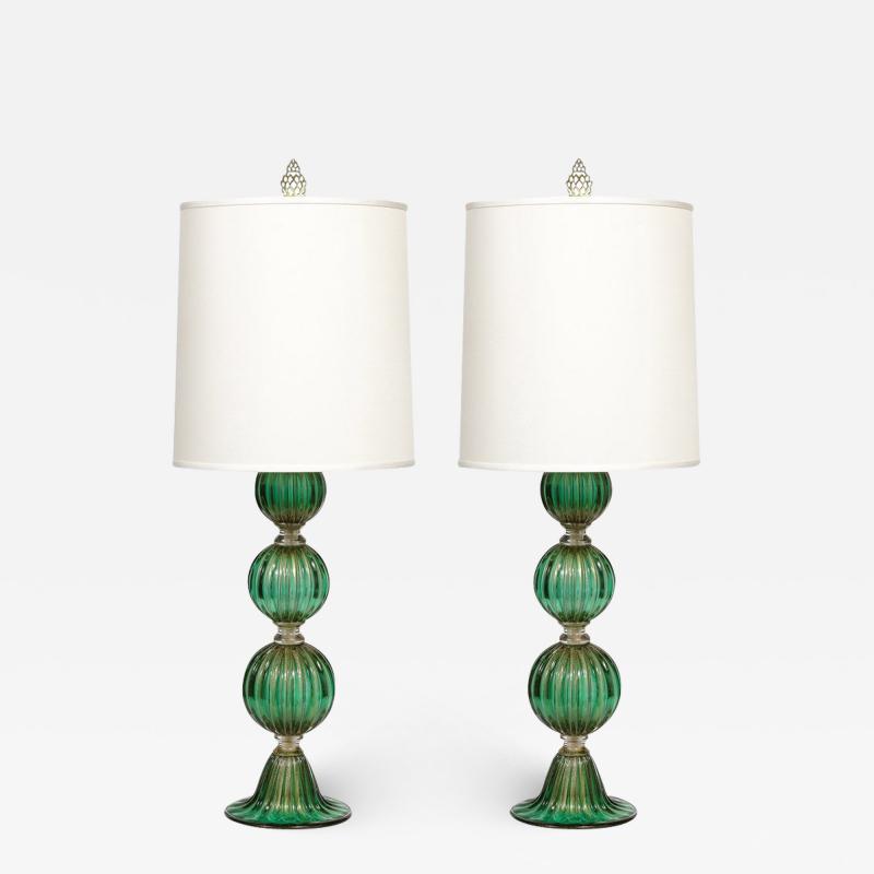 Modernist Handblown Murano Glass Table Lamps in Emerald Green w 24K Gold Flecks