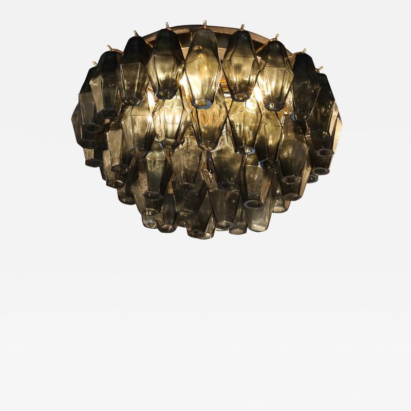 Modernist Handblown Murano Smoked Glass Polyhedral Flush Mount w Brass Fittings