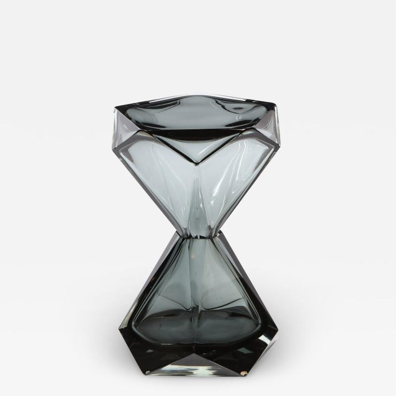 Modernist Handblown Murano Smoked Graphite Faceted Hourglass Side End Table