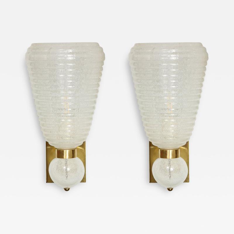 Modernist Handblown Ribbed Murano Sconces w 24 Karat White Gold Flecks